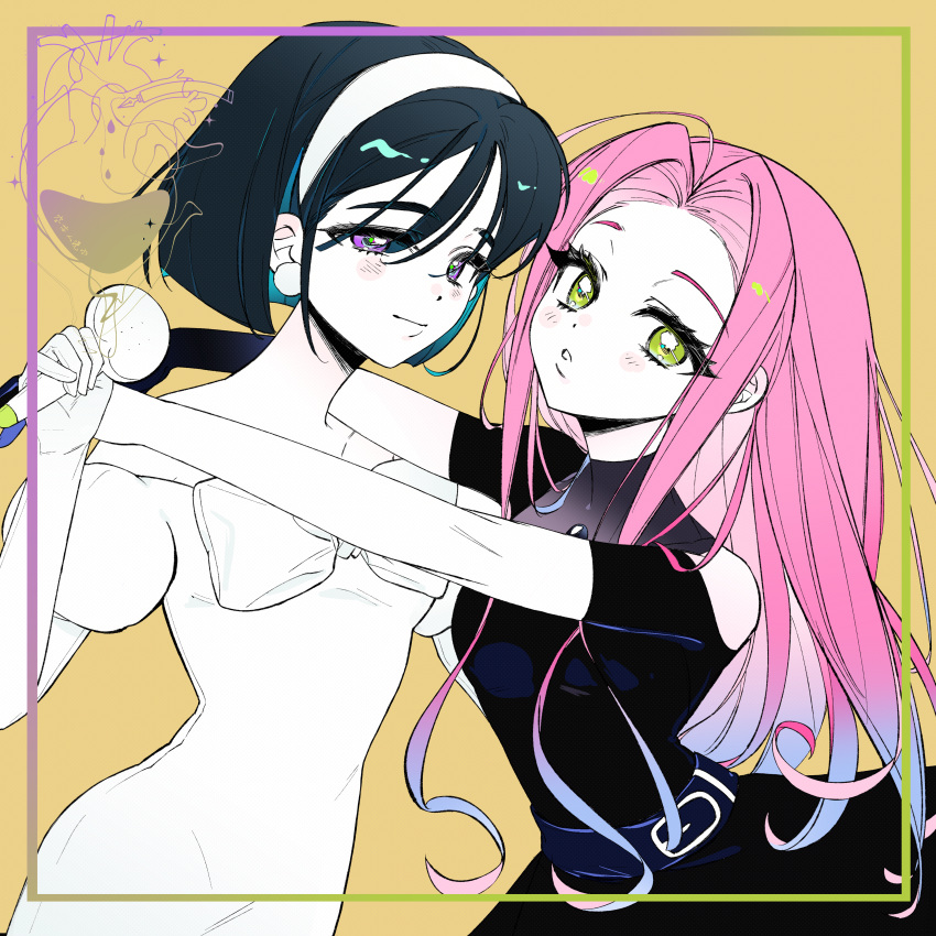2girls, absurdres, alien_stage, arms_around_neck, black_dress, black_hair, blue_hair, bob_cut
