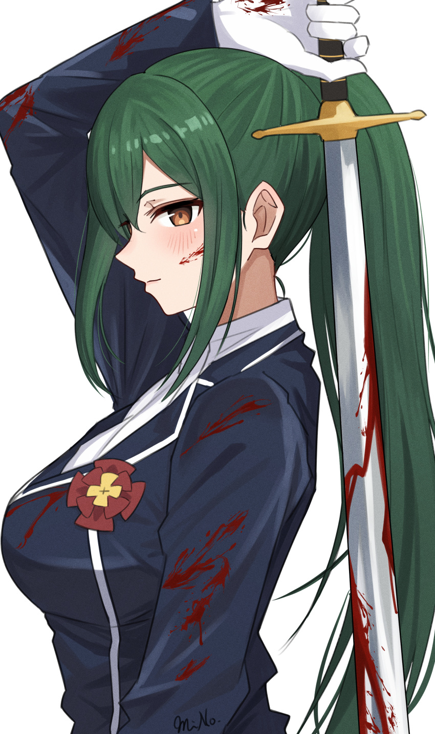1girl, absurdres, blood, blood_on_clothes, blood_on_face, blood_on_weapon, blue_jacket, breasts, brown_eyes, closed_mouth, crusch_karsten, green_hair, highres, holding, holding_sword, holding_weapon, jacket, large_breasts, long_hair, looking_at_viewer, mino_(miiiinon611), ponytail, re:zero_kara_hajimeru_isekai_seikatsu, simple_background, smile, solo, sword, upper_body, weapon, white_background