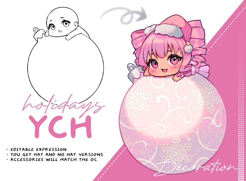 1girl, arrow_(symbol), bracelet, cherry_blossoms, chibi, christmas, christmas_ornaments, commentary