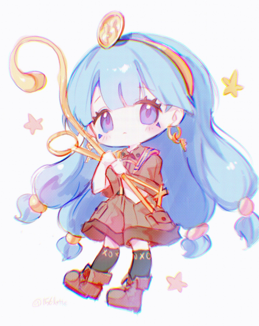 1girl, artist_name, belt, black_belt, black_socks, blue_hair, blush, brown_shirt