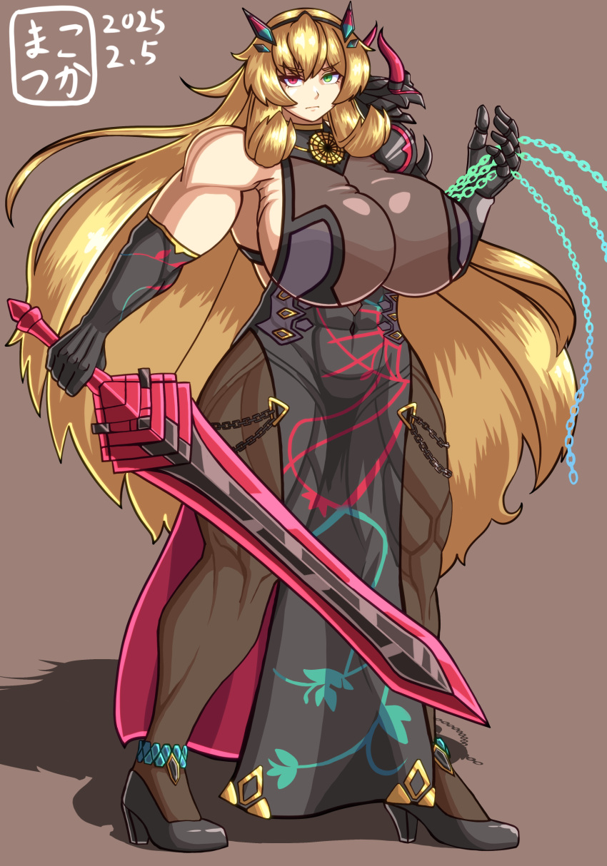 abs, barghest_(fate), barghest_(second_ascension)_(fate), black_dress, black_gloves, blonde_hair, breasts, chain, dress, fairy_sword_galatine, fate/grand_order, fate_(series), gloves, green_eyes, heterochromia, high_heels, highres, horns, huge_breasts, long_hair, makotsuka, muscular, muscular_female, red_eyes, signature, solo, sword, weapon