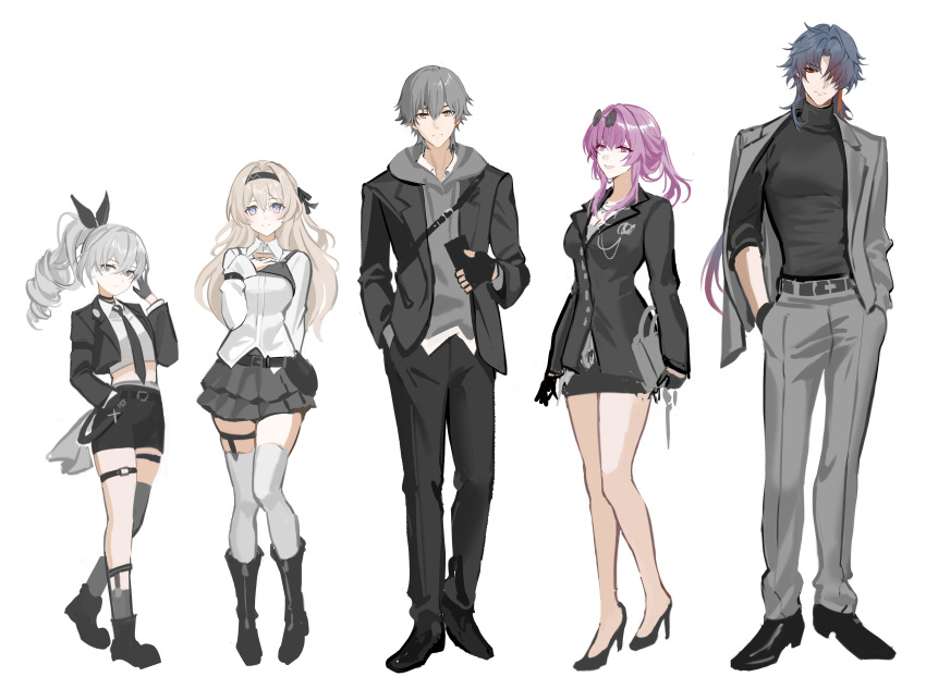 2boys, 3girls, absurdres, black_boots, black_hair, black_hairband, black_jacket, black_necktie, black_pants, black_shoes, black_shorts, black_skirt, black_sweater, black_vest, blade_(honkai:_star_rail), boots, breasts, caelus_(honkai:_star_rail), commentary_request, crop_top, da-un_(du), drill_hair, firefly_(honkai:_star_rail), grey_hair, grey_jacket, grey_pants, grey_shirt, grey_socks, hairband, hand_in_pocket, high_heels, highres, holding, holding_phone, honkai:_star_rail, honkai_(series), jacket, kafka_(honkai:_star_rail), korean_commentary, long_hair, medium_hair, miniskirt, multiple_boys, multiple_girls, necktie, pants, phone, shirt, shoes, short_hair, shorts, silver_wolf_(honkai:_star_rail), simple_background, skirt, socks, stellaron_hunters_(honkai:_star_rail), sweater, thigh_gap, thighs, trailblazer_(honkai:_star_rail), turtleneck, turtleneck_sweater, vest, violet_eyes, white_background, white_shirt, yellow_eyes