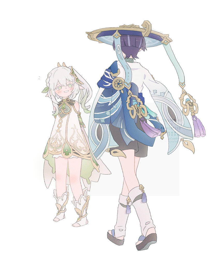 1boy, 1girl, absurdres, animal_print, anni_(556_an), armlet, arms_behind_back, bird_print