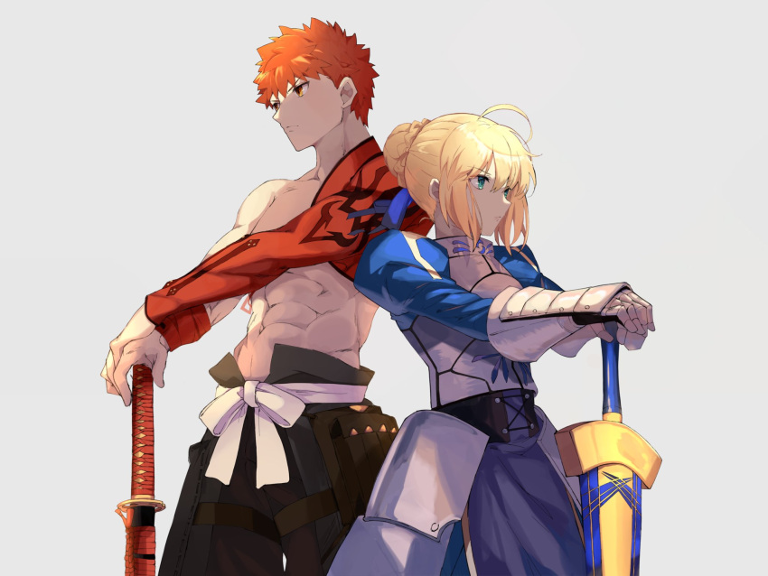 1boy, 1girl, abs, ahoge, armor, armored_dress, artoria_pendragon_(fate), back-to-back