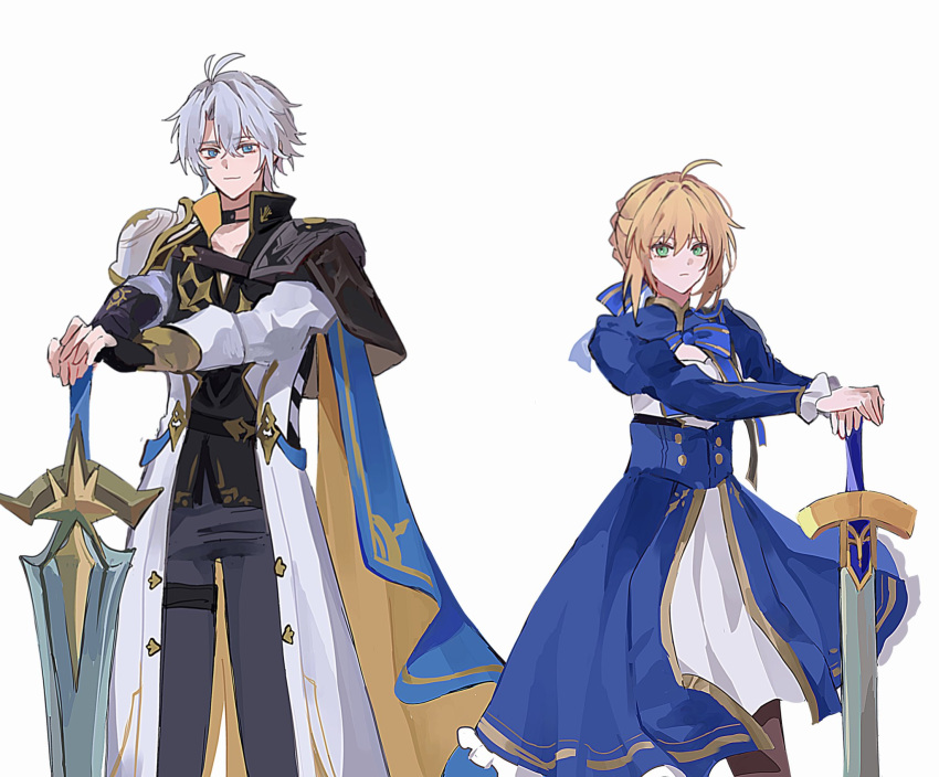 1boy, 1girl, ahoge, antenna_hair, artoria_pendragon_(fate), black_choker, black_pants, black_pantyhose, blonde_hair, blue_dress, blue_eyes, braid, braided_bun, choker, coat, dress, excalibur_(fate/stay_night), fate/stay_night, fate/unlimited_blade_works, fate_(series), green_eyes, hair_bun, highres, honkai:_star_rail, honkai_(series), k_7s, looking_at_viewer, pants, pantyhose, phainon_(honkai:_star_rail), saber_(fate), saber_(honkai:_star_rail)_(fate), short_hair, simple_background, sword, weapon, white_coat, white_hair