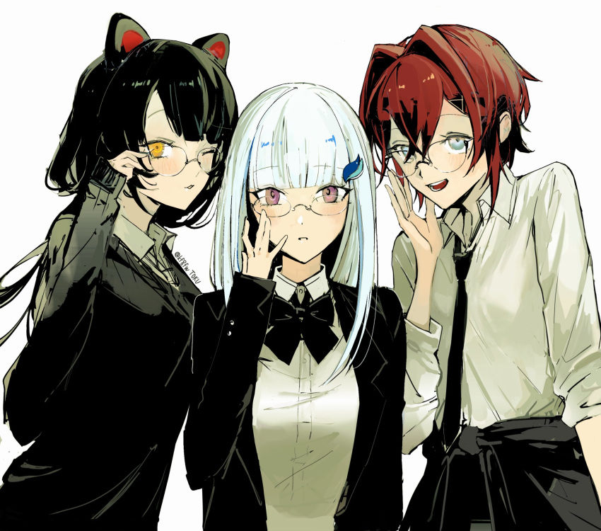 3girls, adjusting_eyewear, alternate_costume, ange_katrina, animal_ears, aqua_eyes, artist_name, black_bow