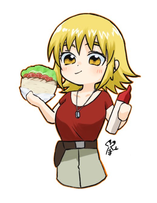 1girl, blonde_hair, blush, bottle, cagalli_yula_athha, chibi, dog_tags, doner_kebab, food, gundam, gundam_seed, holding, holding_bottle, holding_food, hot_sauce, light_smile, meyama_mamezou, red_shirt, shirt, short_hair, white_background, yellow_eyes