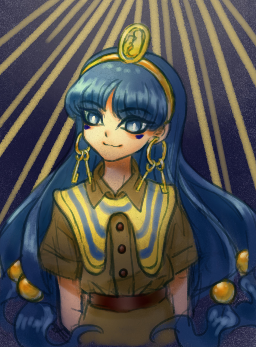 1girl, :3, arms_behind_back, belt, blue_eyes, blue_hair, bright_pupils, brown_belt