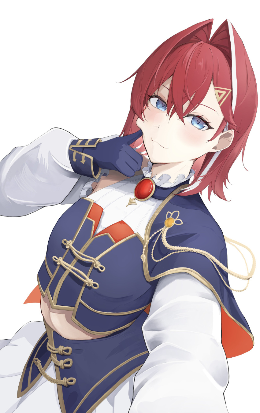 1girl, absurdres, aiguillette, ange_katrina, armpit_crease, armpit_cutout, blue_cape, blue_eyes, blue_shirt, blue_skirt, blue_sleeve_cuffs, breasts, cape, cheek_poking, closed_mouth, clothing_cutout, cowboy_shot, crossed_bangs, eyelashes, frilled_shirt_collar, frills, gem, gold_trim, hair_between_eyes, hair_intakes, hair_ornament, hand_on_own_cheek, hand_on_own_face, hand_up, high-waist_skirt, highres, layered_shirt, layered_skirt, light_blush, long_sleeves, looking_at_viewer, medium_hair, midriff, multicolored_hair, nijisanji, nijisanji_idol_uniform, niq_n14, poking, reaching, reaching_towards_viewer, red_cape, red_gemstone, red_hair, selfie, shirt, side_cape, simple_background, skirt, small_breasts, smile, solo, streaked_hair, triangle_hair_ornament, two-sided_cape, two-sided_fabric, two-tone_hair, virtual_youtuber, white_background, white_hair, white_shirt, white_skirt