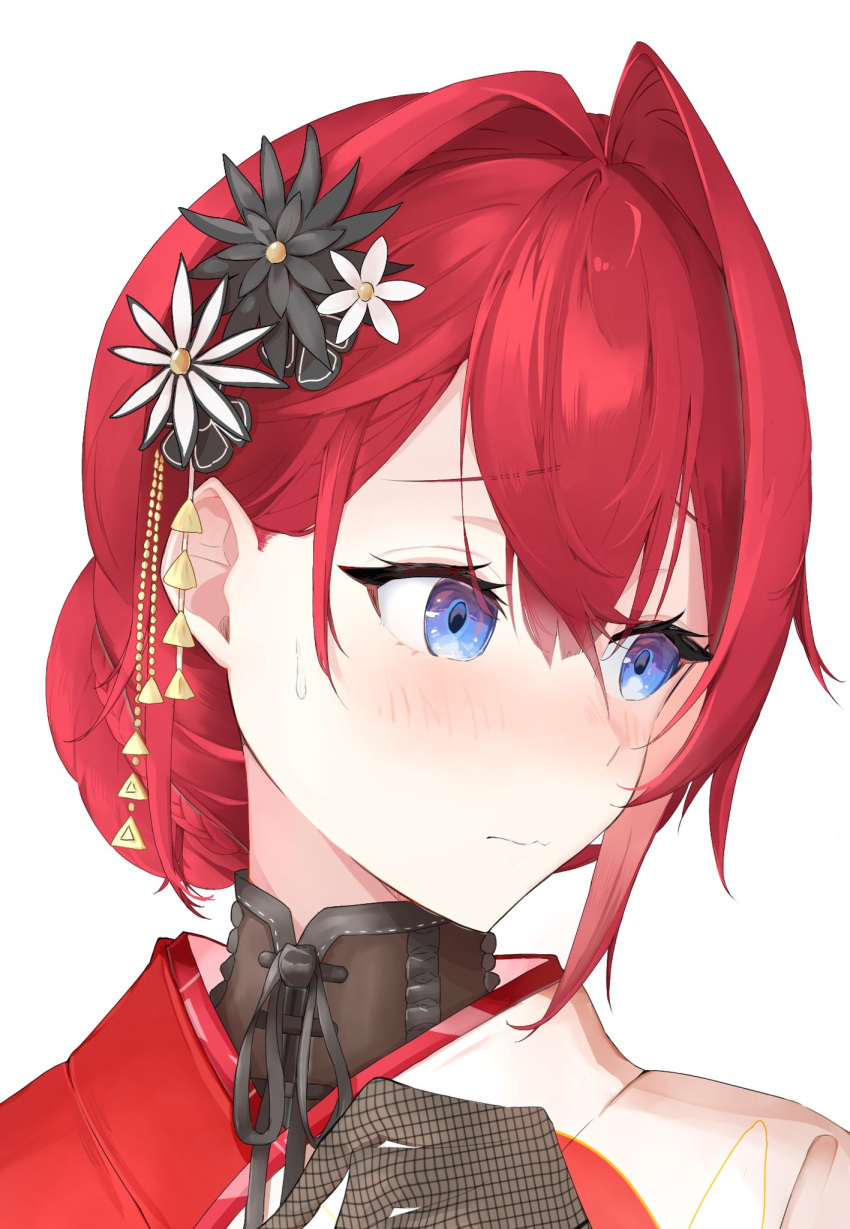 1girl, ange_katrina, ange_katrina_(new_year), black_flower, black_gloves, blue_eyes, blush, bun_with_braided_base