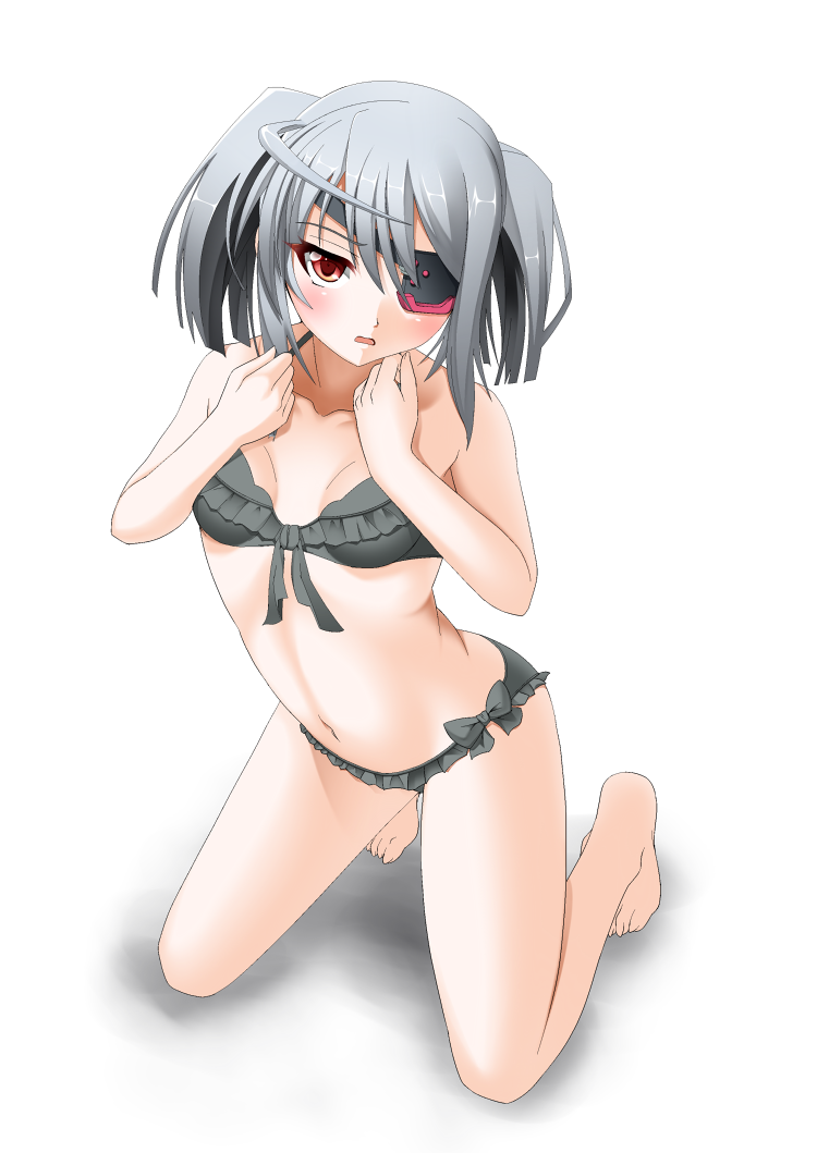 bikini, eyepatch, flat_chest, infinite_stratos, kneeling, laura_bodewig, short_hair, silver_hair, swimsuit, twintails, yujin-yujin