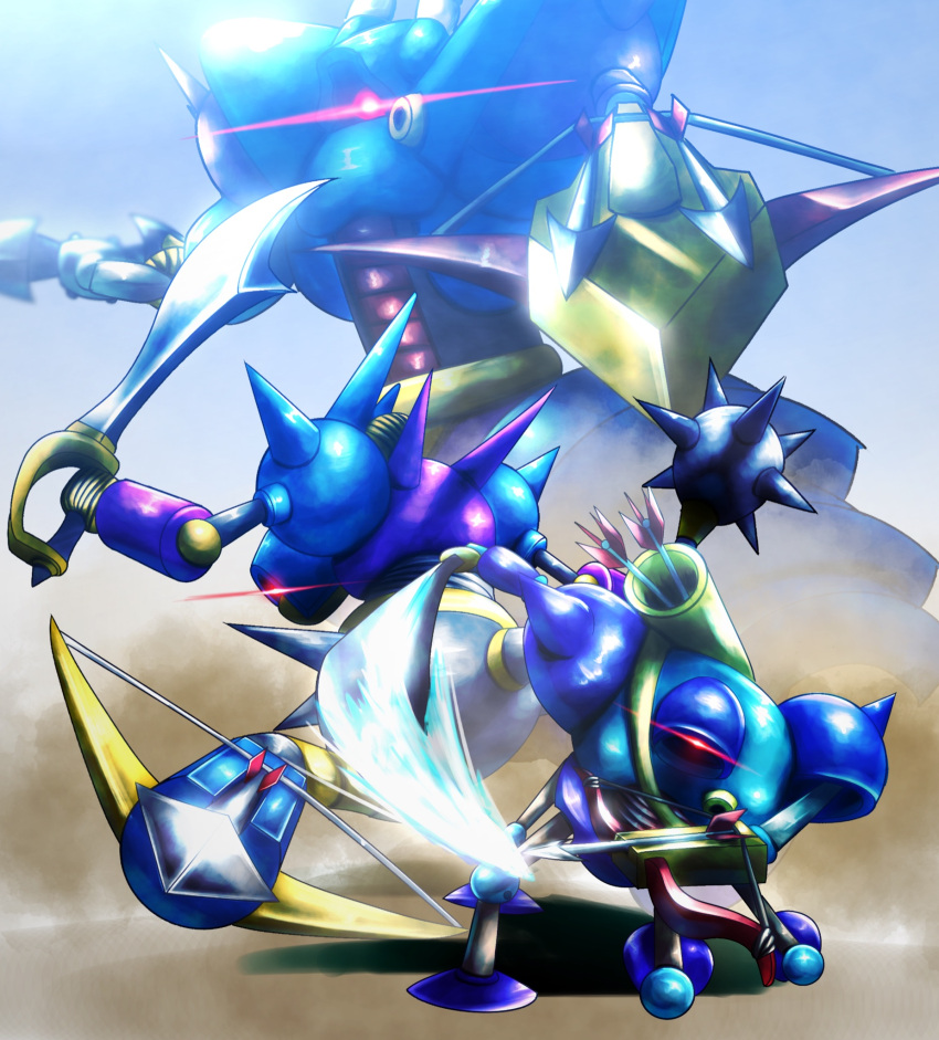 3others, a10thunderboit, aiming, aiming_at_viewer, arrow_(projectile), back-to-back, commentary_request, creature, creature_focus, creature_request, crossbow, dragon_quest, glowing, glowing_eye, highres, holding, holding_mace, holding_sword, holding_weapon, incoming_attack, killer_machine, killer_machine_2_(dragon_quest), looking_at_viewer, looking_back, mace, multiple_others, non-humanoid_robot, quiver, red_eyes, robot, spiked_mace, spikes, sword, weapon