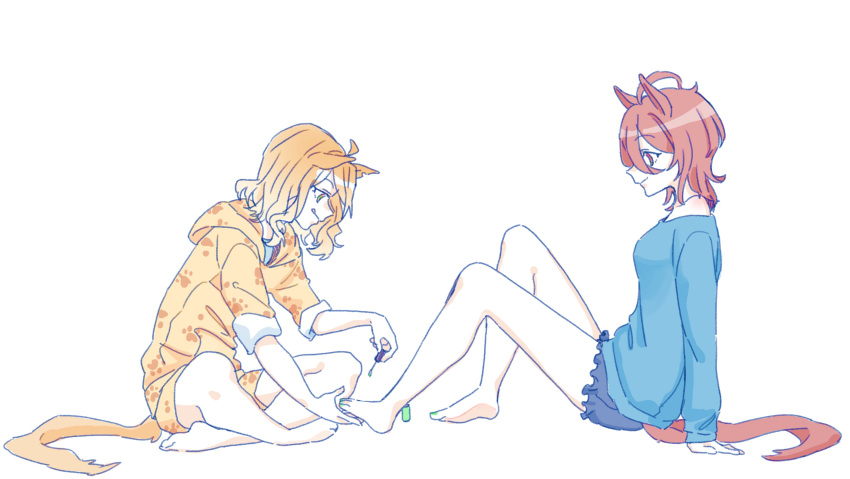 2girls, absurdres, agnes_tachyon_(umamusume), animal_ears, applying_manicure, applying_pedicure, bare_legs, barefoot