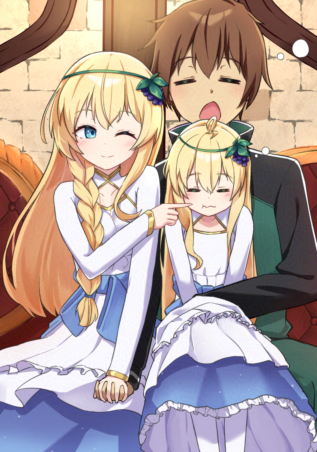 1boy, 2girls, :t, ;), adversarial_noise, blonde_hair, blue_eyes, blue_skirt