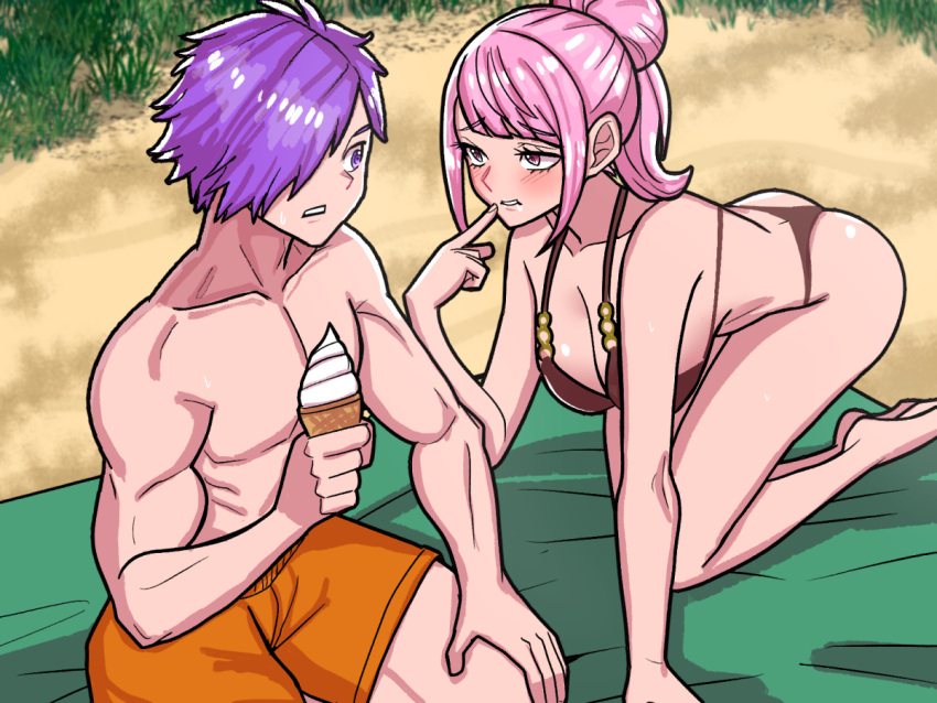 beach, bikini, black_bikini, breasts, fire_emblem, fire_emblem:_three_houses, fire_emblem_warriors:_three_hopes, food