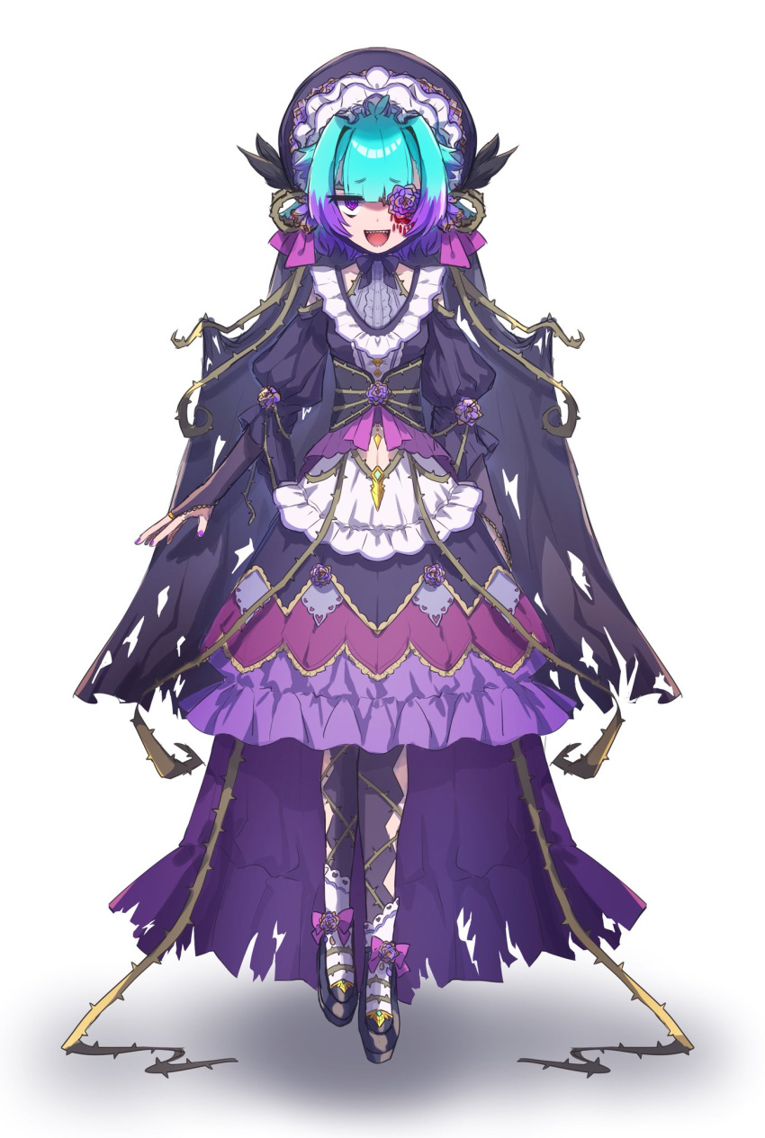 1girl, bags_under_eyes, black_cape, black_dress, black_leggings, black_shoes, blue_hair, breasts