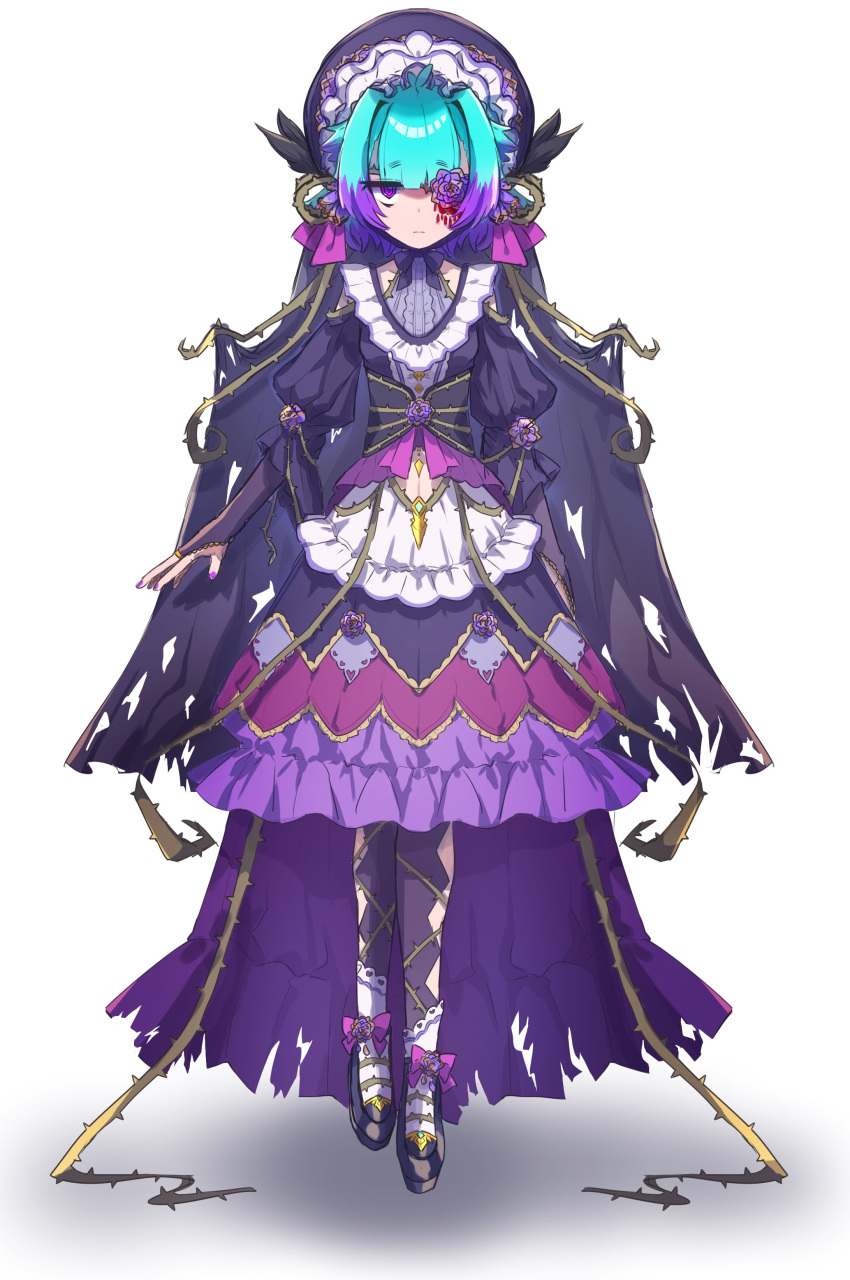 1girl, absurdres, bags_under_eyes, black_cape, black_dress, black_leggings, black_shoes, blue_hair