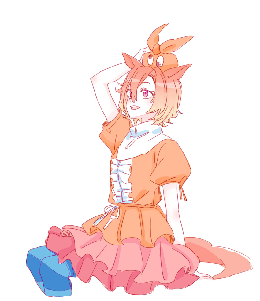 1girl, :d, absurdres, animal_ears, arm_up, blue_pantyhose, brown_hair, cosplay