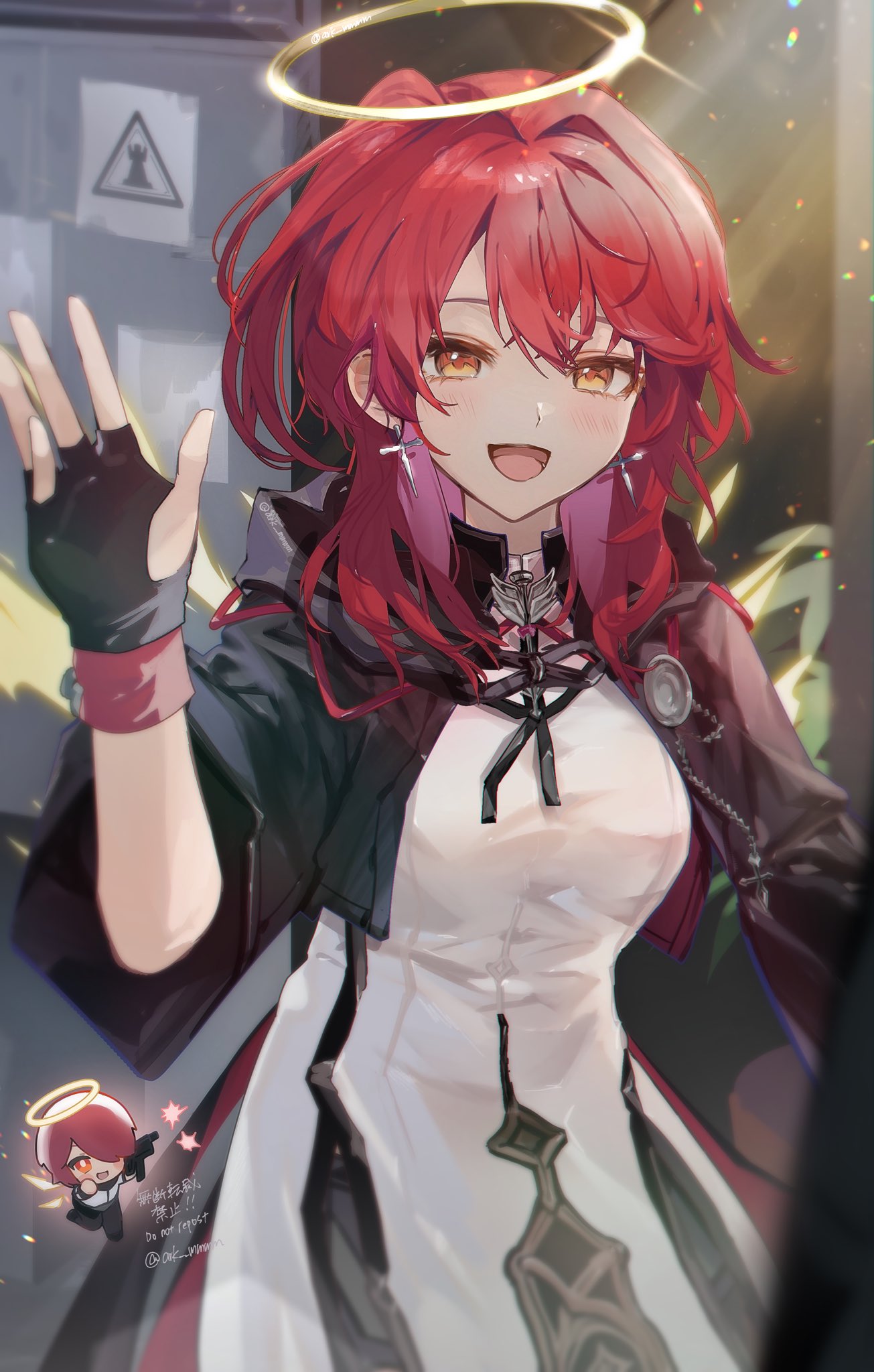 1girl, :d, ark_mmmm, arknights, arm_up, black_gloves, black_jacket, blush