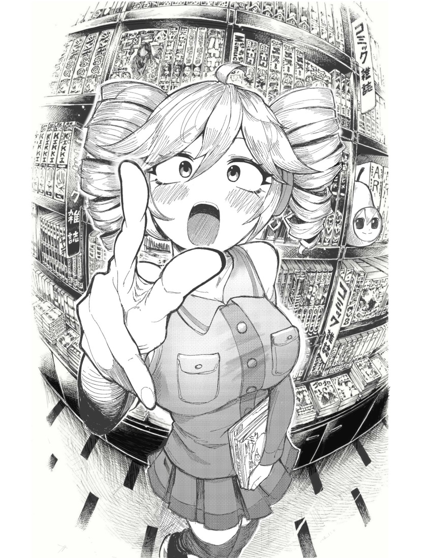 blush, book, bookshelf, drill_hair, fisheye, highres, holding, holding_book, holding_manga, kasane_teto, manga_(object), monochrome, open_mouth, pearto, pleated_skirt, pointing, pointing_at_viewer, shop, skirt, sleak, twin_drills, utau, wide-eyed
