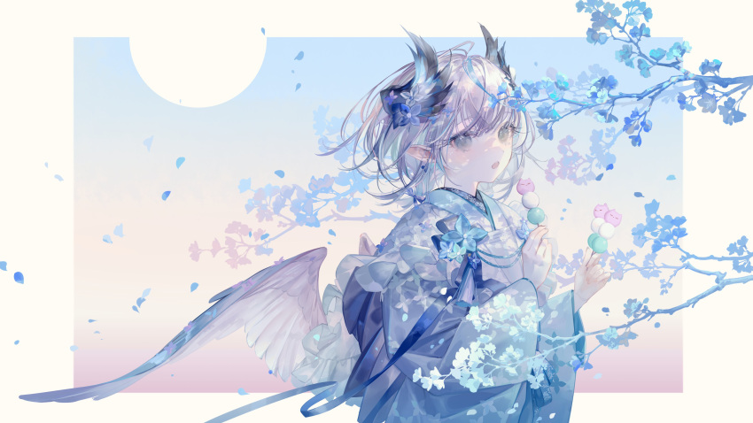 1girl, absurdres, aoi_neno, blue_eyes, blue_kimono, blue_theme, branch, dango