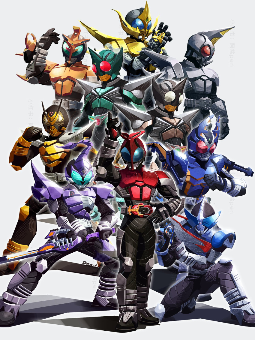 6+boys, antennae, arm_up, armor, armored_bodysuit, armored_boots, armored_gloves, beetle_horn