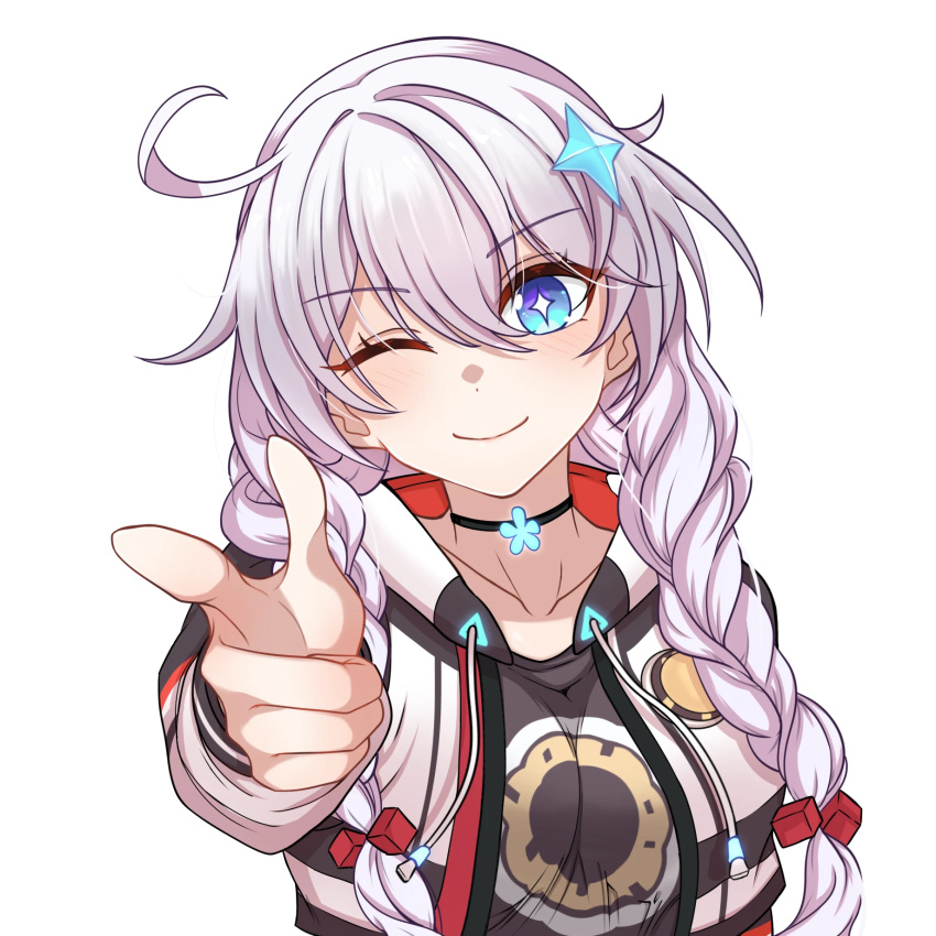 1girl, black_background, blue_eyes, braid, choker, closed_mouth, diamond-shaped_pupils, diamond_(shape)