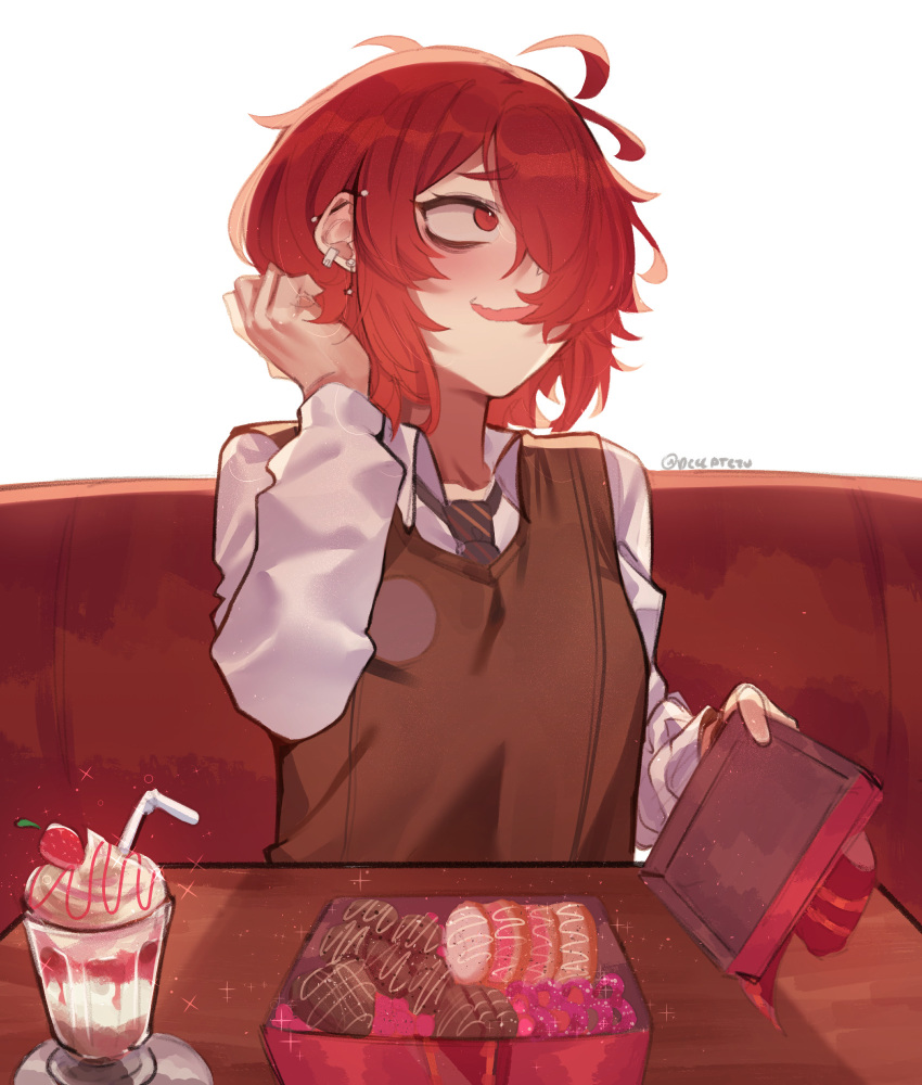 1girl, box, box_of_chocolates, candy, chocolate, deccatezu, drinking_straw, ear_piercing