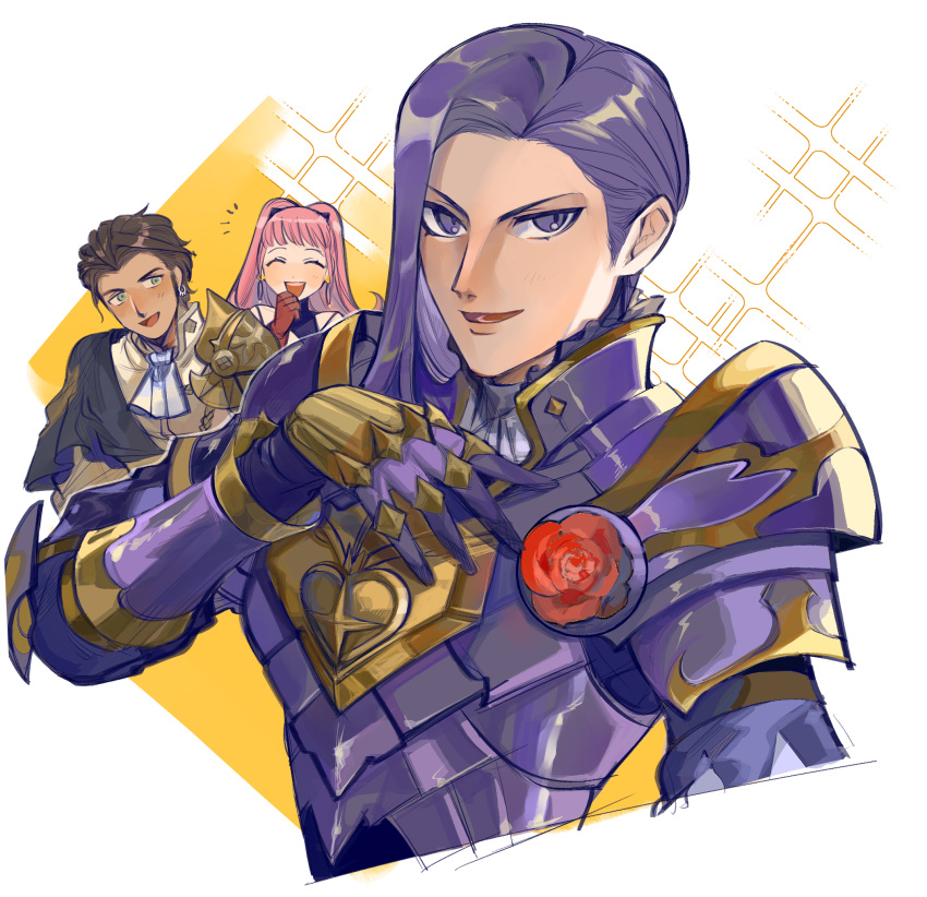armor, brown_hair, claude_von_riegan, closed_eyes, fire_emblem, fire_emblem:_three_houses, flower, green_eyes