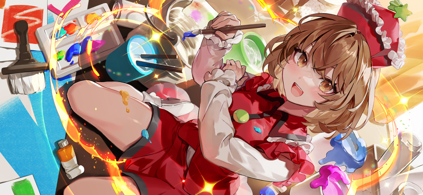 1girl, blush, brown_eyes, brown_hair, bucket, commentary_request, game_cg, hat