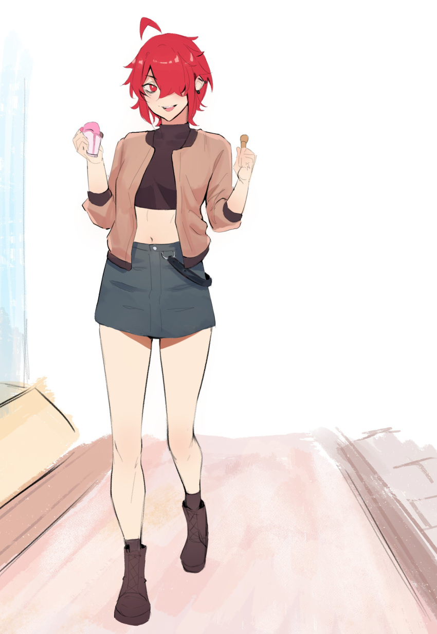 1girl, absurdres, ahoge, bad_link, black_shirt, coat, deccatezu, denim