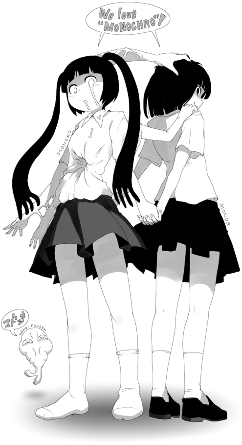black_hair, hand_holding, holding_hands, monochrome, monoe, monoko, multiple_girls, oso