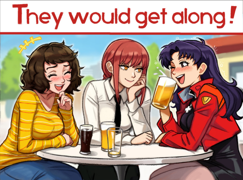 +++, 3girls, alcohol, beer, beer_mug, black_dress, black_hair, black_necktie