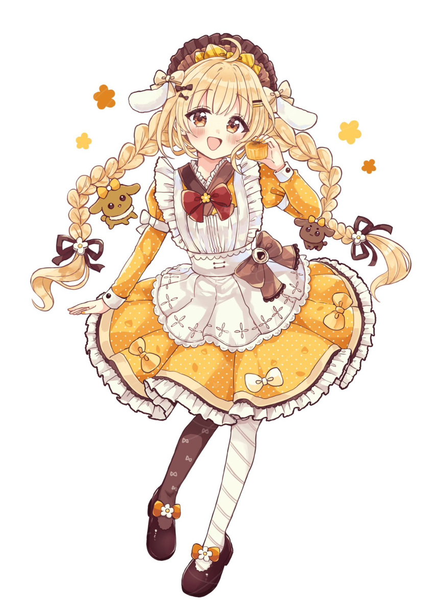 1girl, :d, ahoge, animal_ears, animare, asymmetrical_legwear, black_ribbon, black_shoes