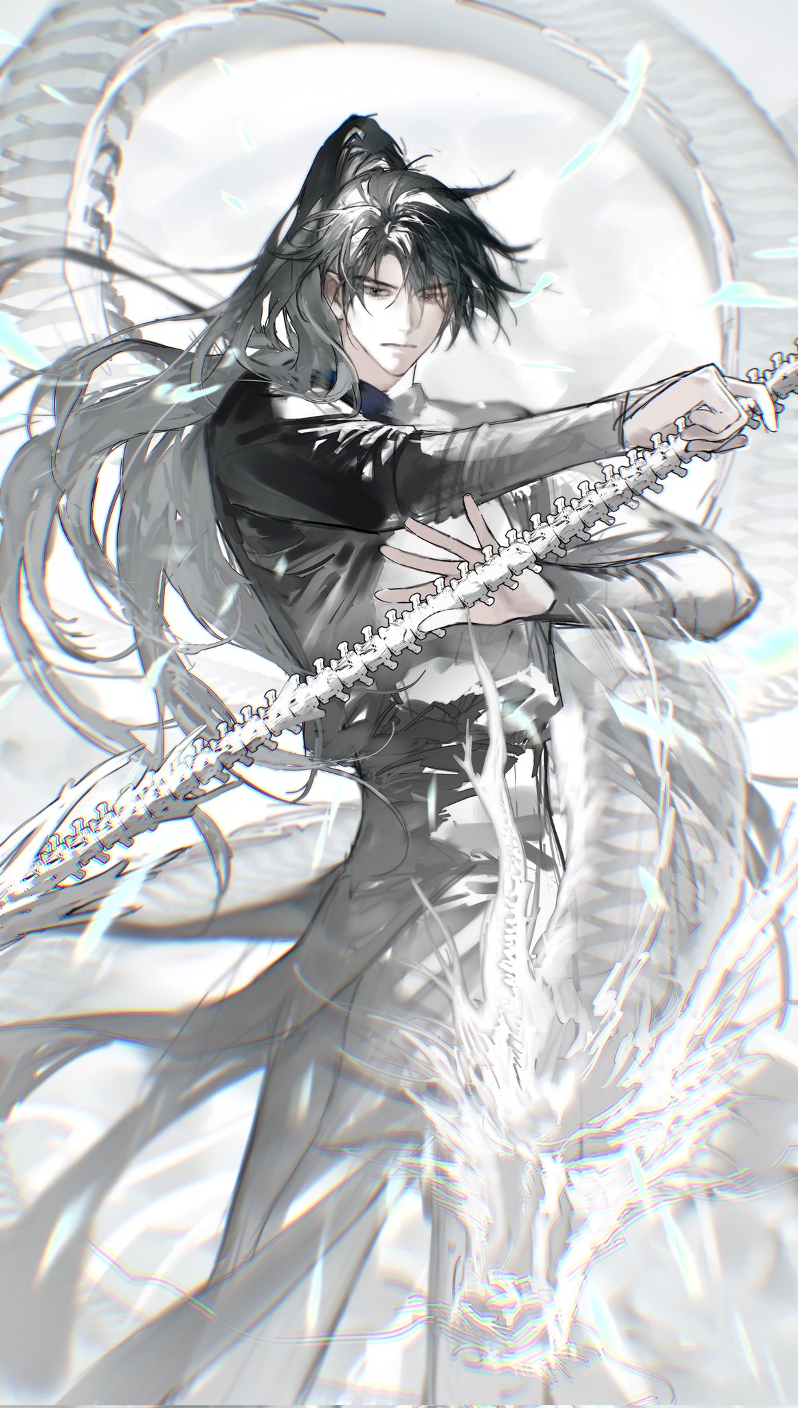 1boy, black_eyes, black_hair, black_hanfu, black_pants, bone_weapon, cheng_qian, chinese_clothes, chromatic_aberration, closed_mouth, corrupted_twitter_file, cowboy_shot, dragon, eastern_dragon, hanfu, high_ponytail, highres, holding, holding_sword, holding_weapon, lezi_ren_(nnniaas_77), liu_yao, long_hair, long_sleeves, looking_at_viewer, male_focus, pants, ponytail, solo, standing, sword, weapon, white_background, zhijupao
