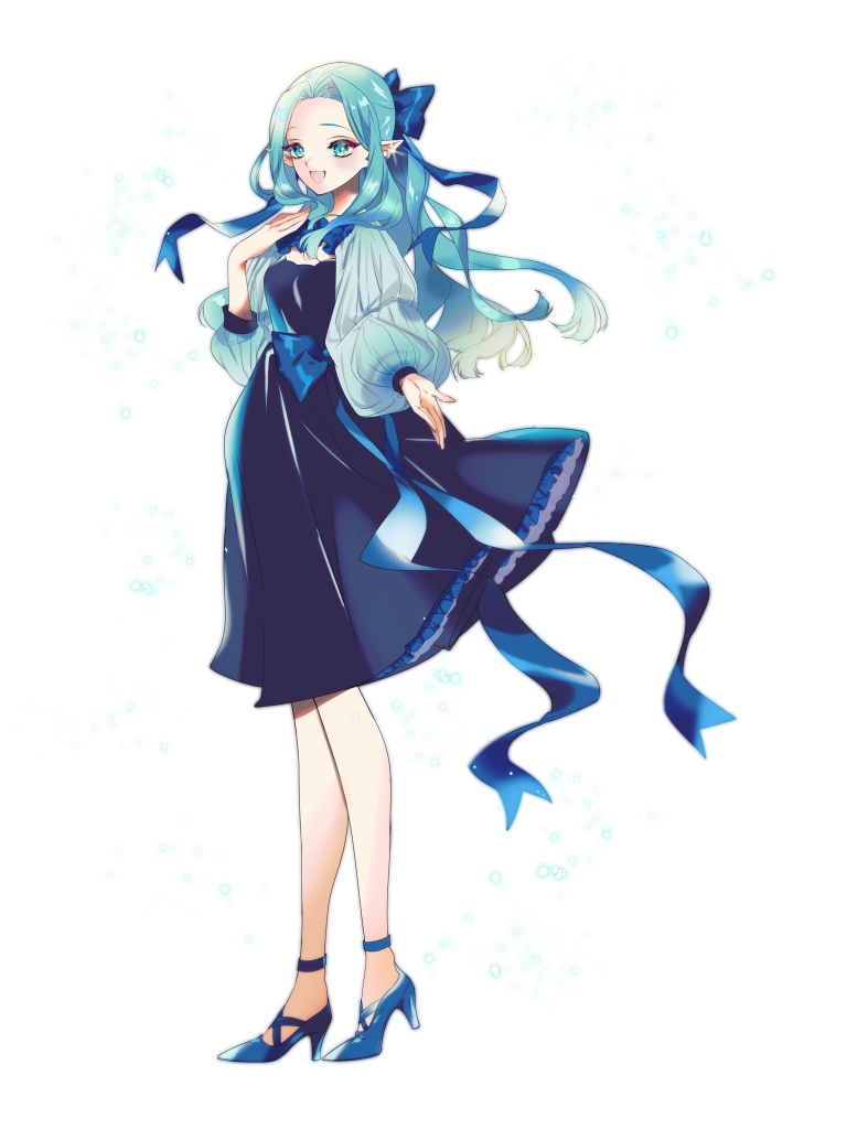 1girl, :d, blue_eyes, blue_hair, blue_ribbon, blue_shoes, bow, breasts, celestine_windiel, chain_paradox, dress, dress_bow, elf, full_body, hair_bow, hand_up, high_heels, long_hair, long_sleeves, mochitsuki_kagami, pointy_ears, puffy_long_sleeves, puffy_sleeves, ribbon, shoes, small_breasts, smile, solo, standing, transparent_background