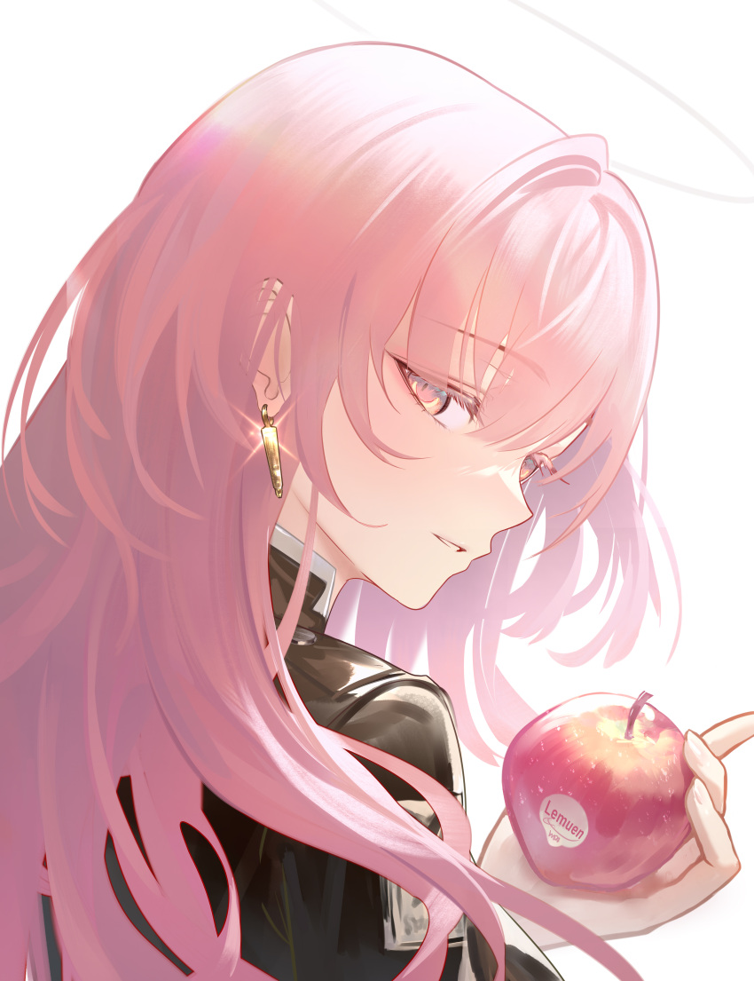 1girl, absurdres, apple, arknights, black_jacket, character_name, earrings, food