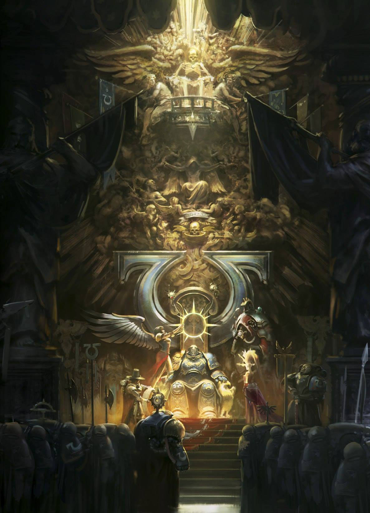 3girls, 6+boys, adepta_sororitas, adeptus_astartes, adeptus_mechanicus, angel, angel_wings, aquila_(symbol)