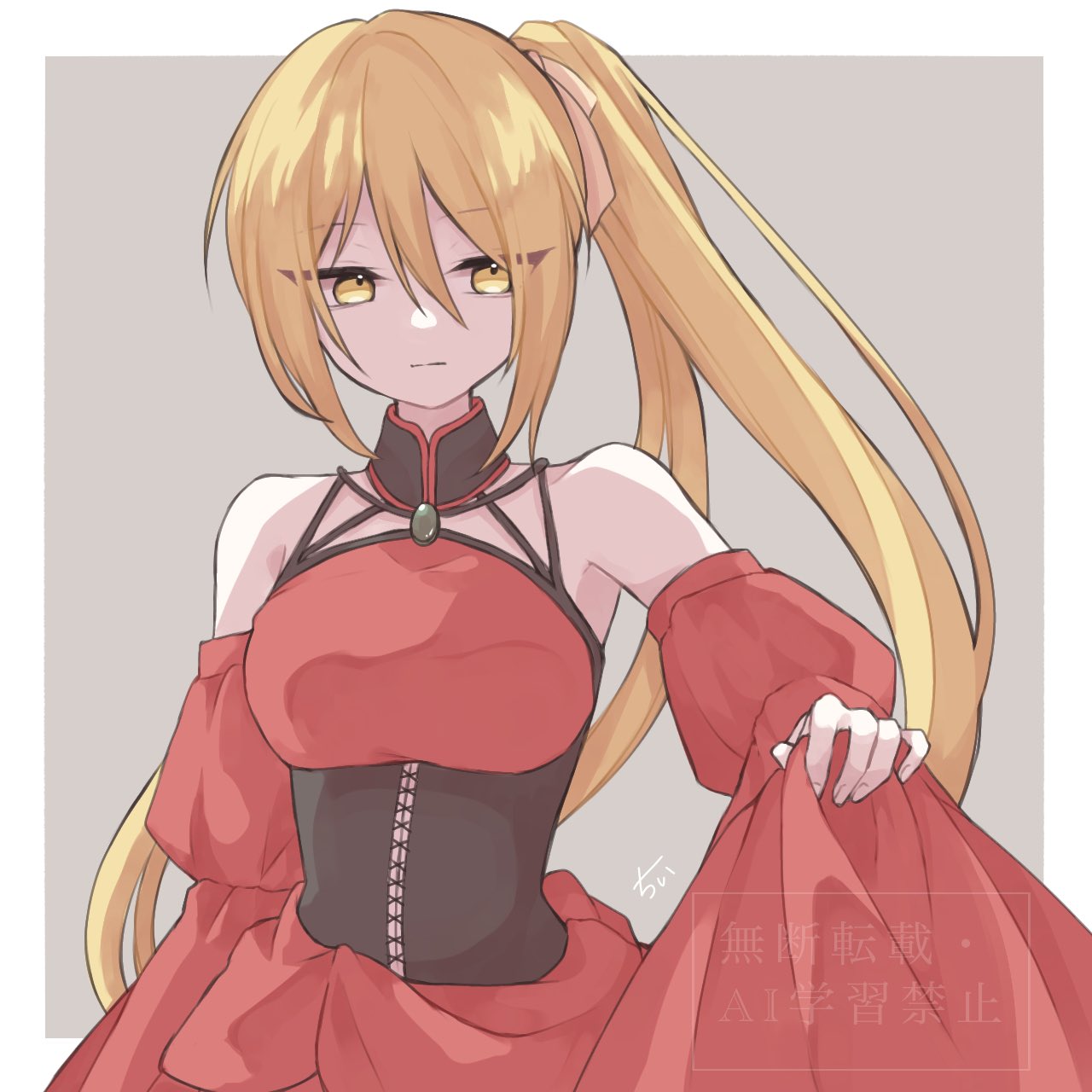 akita_neru, banica_conchita, banica_conchita_(cosplay), bare_shoulders, black_choker, blonde_hair, brooch, chii1113, choker, corset, cosplay, detached_sleeves, dress, evillious_nendaiki, expressionless, gem, green_gemstone, hair_ribbon, highres, jewelry, long_hair, looking_to_the_side, narrow_waist, ney_phutapie, possessed, red_dress, ribbon, shinon_no_tokeitou_(vocaloid), side_ponytail, signature, skirt_hold, very_long_hair, vocaloid, wide_sleeves, yellow_eyes