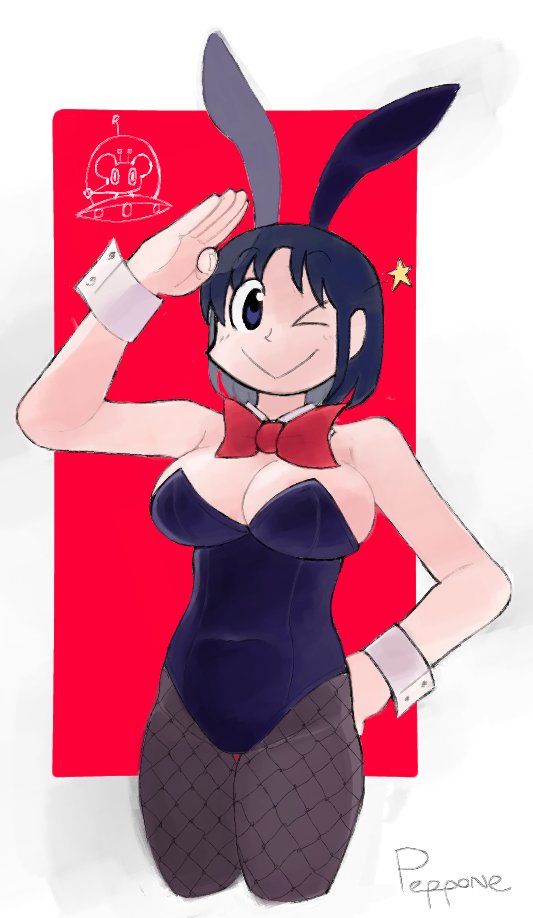 :>, animal_ears, black_hair, blue_eyes, bow, bowtie, breasts, city_(arawi_keiichi)