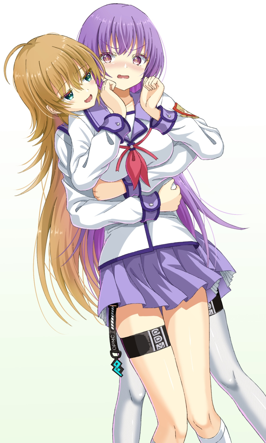 2girls, :d, ahoge, angel_beats!, arm_under_breasts, blonde_hair, blue_skirt, blush