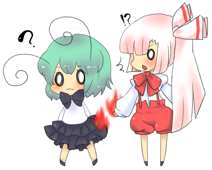 2girls, ?, antennae, bad_id, bow, chibi, dress, fire
