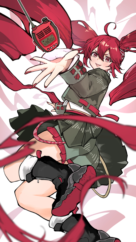 1girl, absurdly_long_hair, ahoge, alternate_costume, black_boots, black_shirt, black_shorts, black_skirt