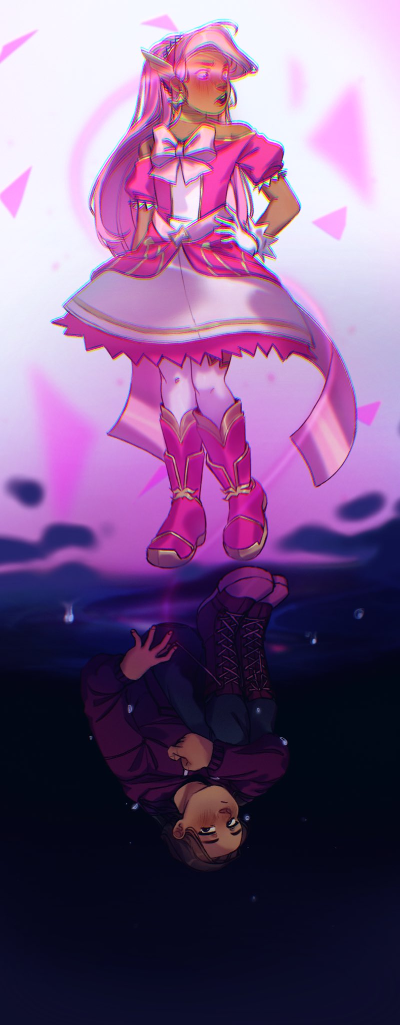 2girls, alchemical_aether, ankle_boots, back_bow, black_pants, boots, bow, brown_hair