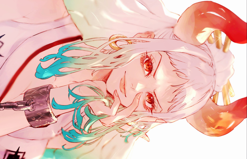 1girl, bad_id, bad_twitter_id, blue_hair, closed_mouth, cuffs, glint, green_hair, hair_ornament, handcuffs, highres, horns, japanese_clothes, kimono, looking_at_viewer, one_piece, orange_eyes, ponytail, sc_scandium, simple_background, sleeveless_kimoono, solo, upper_body, v-shaped_eyebrows, white_background, white_hair, white_kimono, yamato_(one_piece)