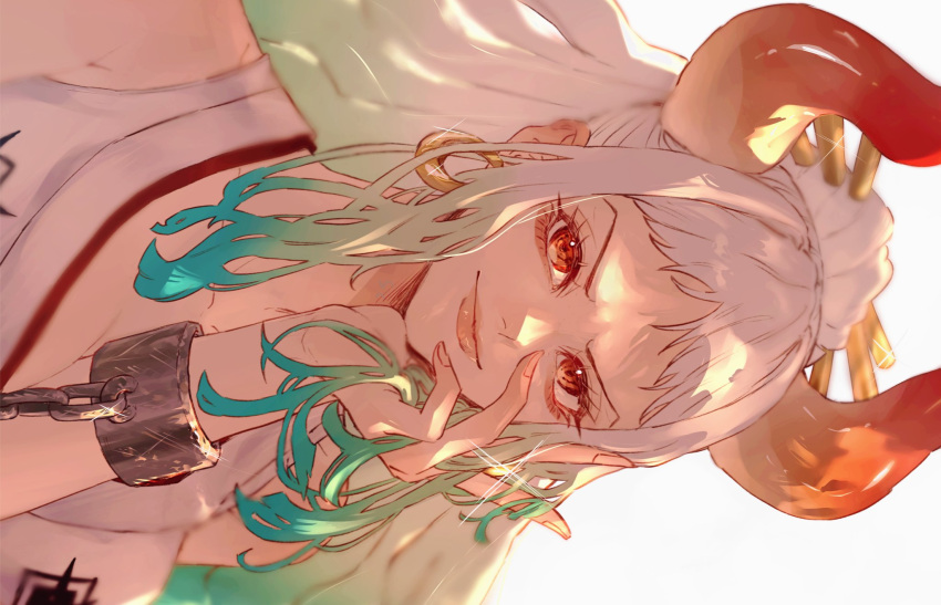 1girl, bad_id, bad_twitter_id, blue_hair, closed_mouth, cuffs, glint, green_hair