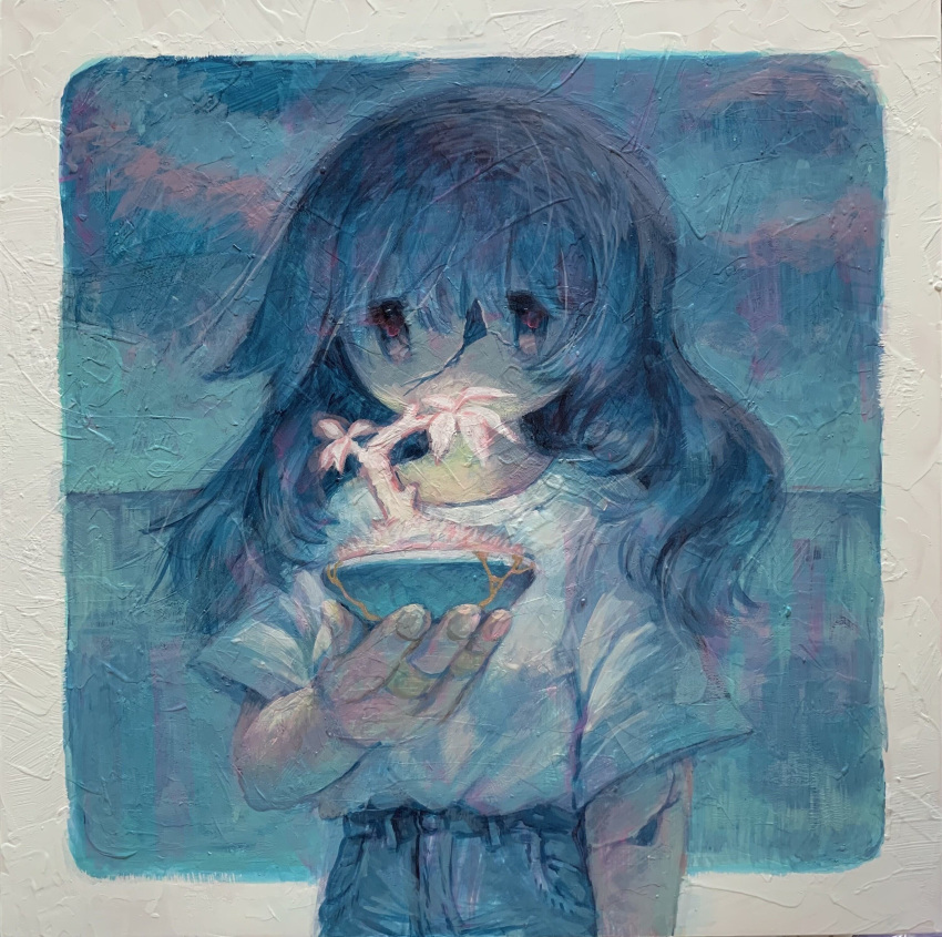 1girl, absurdres, acrylic_paint_(medium), arm_at_side, bandaid, black_hair, border, commentary_request