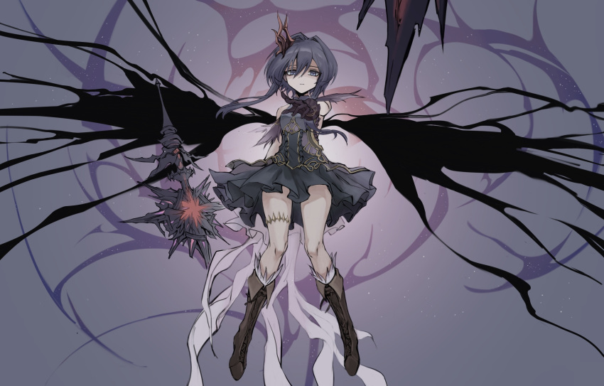 a_miz, boots, crown, dress, gloves, hair_ornament, highres, legs, looking_at_viewer, purple_hair, shadowverse, shingeki_no_bahamut, skirt, spinaria_(shingeki_no_bahamut), wings