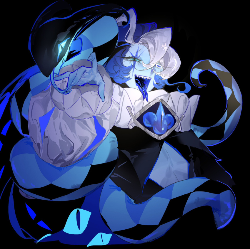 1boy, blue_eyes, blue_hat, blue_skin, brooch, colored_skin, cookie_run, cookie_run:_kingdom, hat, highres, holding, humanization, jester_cap, jewelry, long_hair, long_sleeves, looking_at_viewer, male_focus, neck_ruff, puffy_sleeves, shadow_milk_cookie, smile, solo, taotie_flylover, white_hair