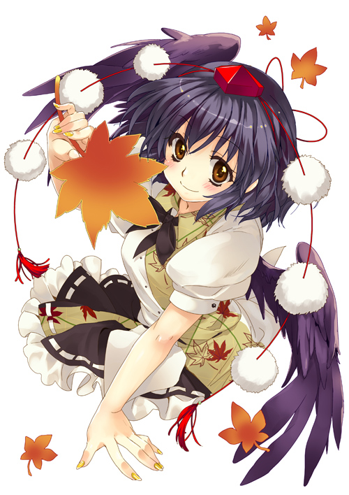 black_hair, black_wings, brown_eyes, dream_maker, fan, hat, leaf, malino_(dream_maker)